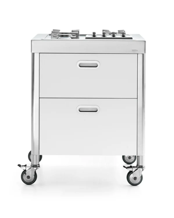Ⓜ️🔵🔵🔵 Alpes C70-C60-ruote/1 - LIBERI IN CUCINA, Elemento Cottura, acciaio inox su ruote largo 70cm, profondo 65cm, alto 90cm, F 559/4G piano cottura incasso con quattro fuochi a gas, 2 cassetti 60cm