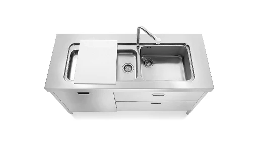 Ⓜ️🔵🔵🔵 Alpes L160-L60+C90/1 - LIBERI IN CUCINA, Elemento Lavaggio, Acciaio Inox DX o SX, Larg. 160cm, Prof. 65cm, Alt. 90/95cm, Lavello da Appoggio 133cm con Vasca 70cm,Miscelatore Inox, Doccetta Estraibile, Due Cassetti Sotto Vasca 90cm