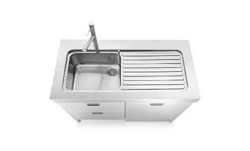 Ⓜ️🔵🔵🔵 Alpes L130-C60+L60/1 - LIBERI IN CUCINA, Elemento Lavaggio, Acciaio Inox DX/SX, Largo 130cm, Profondo 65cm, Alto 90/95cm, F 5119/1V1S Lavello Vasca Larga 50cm e Gocciolatoio, ALP33 Miscelatore Inox, Due Cassetti Sotto Vasca 60cm, Due Ante 60cm