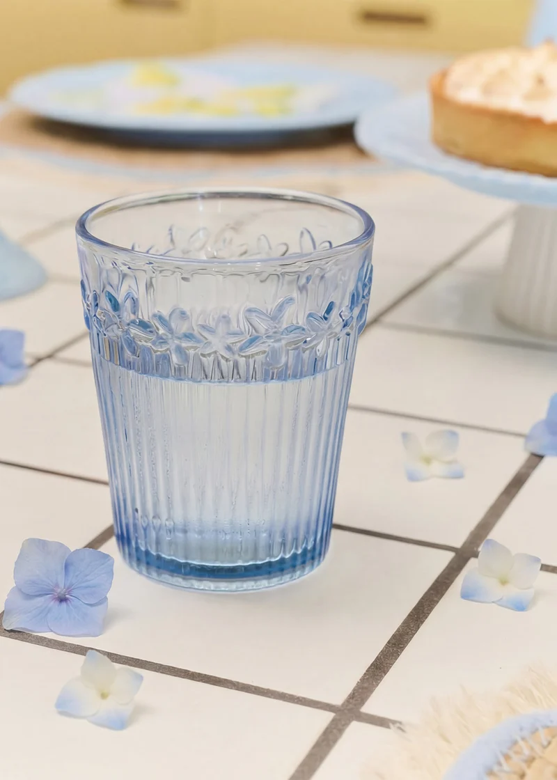 Blue drinking glass with embossed flowers - 350 ml
