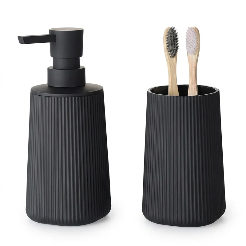 2-Piece Bathroom Set – Soap Dispenser & Toothbrush Holder, Striped Black