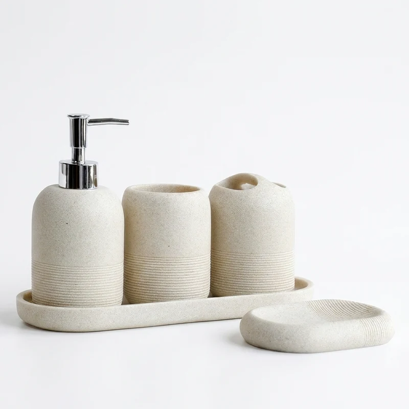 5‑Piece Bathroom Accessory Set — Dispenser, Toothbrush Holder, Tumbler, Tray & Soap Dish (Beige or Grey)