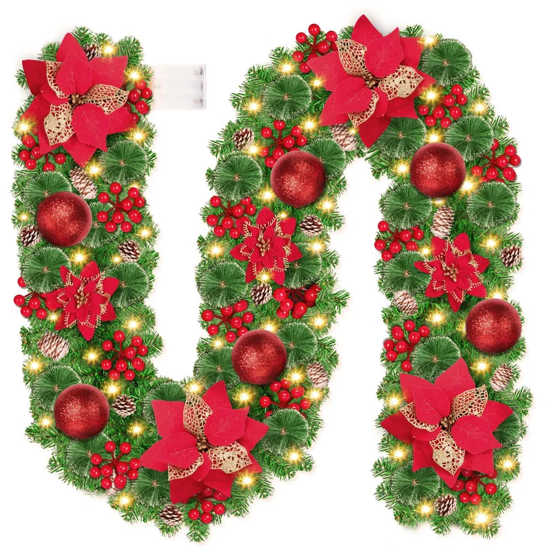 Ghirlanda Natalizia, CHOIGN 2.7M/9 Piedi Decorazioni Natalizie con Luci 30LEDs Alimentate Batterie, Ghirlanda Natale Decorazioni Artificiale per Porta, Camini,Scale,Decorazioni dell'albero di Natale