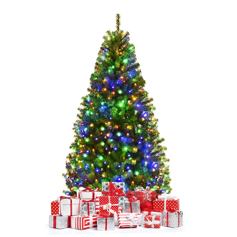 COSTWAY Albero di Natale 120/150/180/210 cm, Albero di Natale con Luci Incorporate 11 Modalità di Illuminazione, 300/600/1000/1570 Rami e Base in Metallo, Perfetta per Casa e Negozio (150cm)