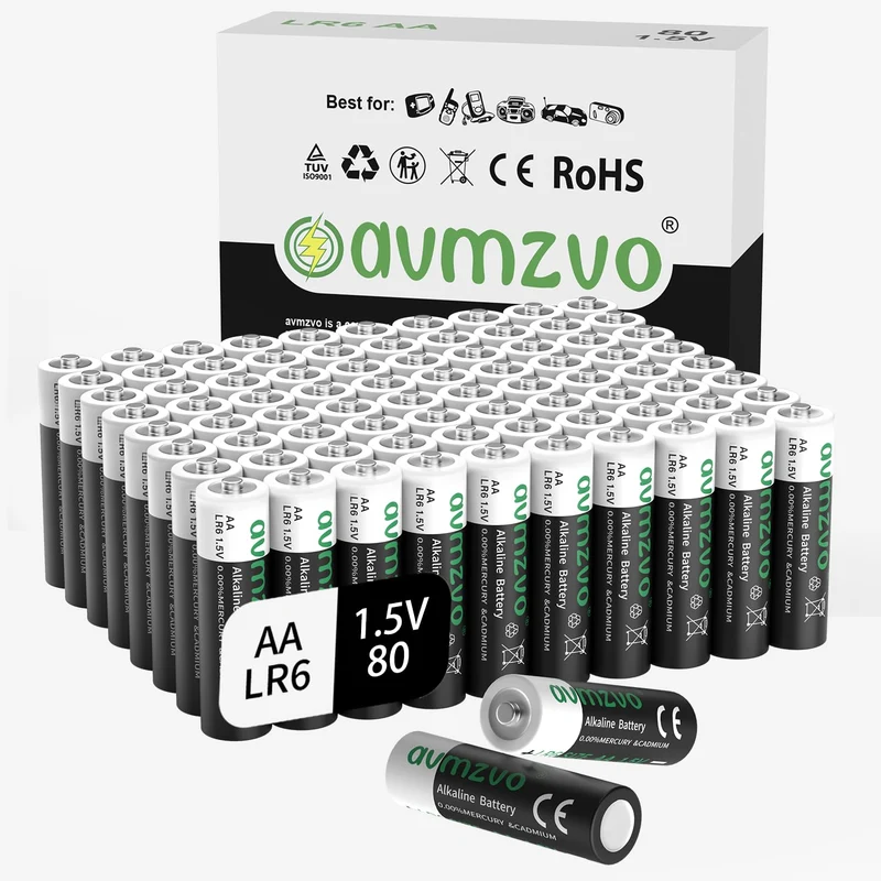 avmzvo Batterie AA, 80 pezzi, LR6 alcaline da 1,5 V, potenza durevole, potente, può essere utilizzata per giocattoli, sveglia e altri dispositivi elettronici