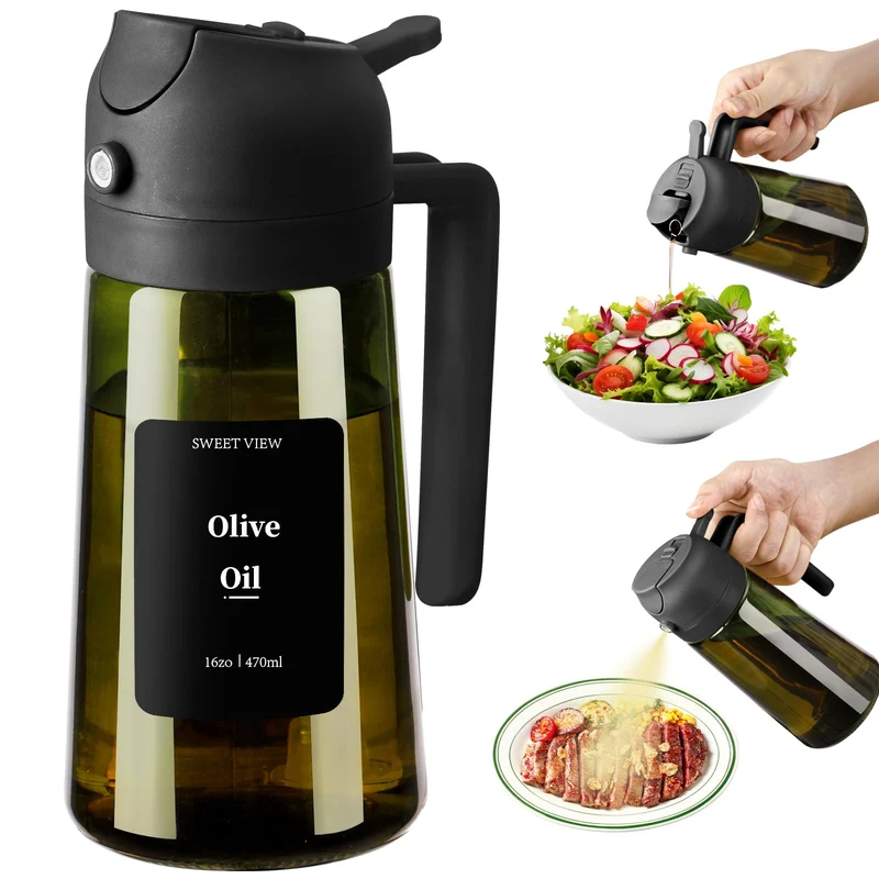 SWEET VIEW Spruzzatore Olio e Distributore Olio, 470 ml, in vetro resistente alla luce, per cucina, friggitrice ad aria, cucina, insalata e barbecue
