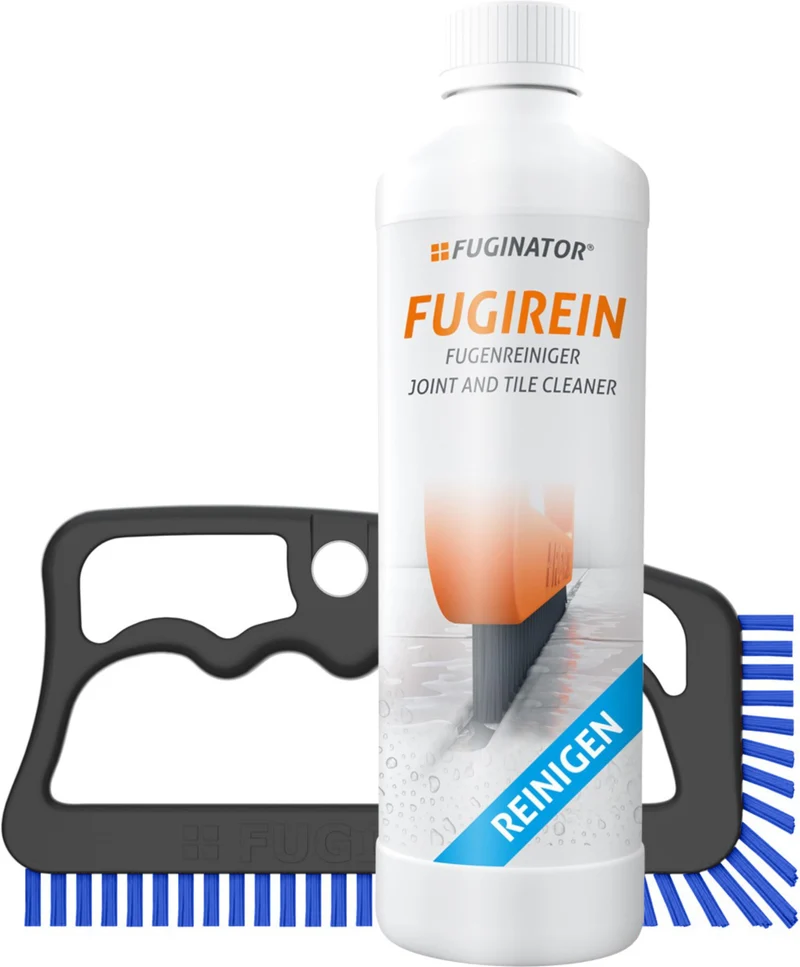 FUGINATOR® Spazzola per fughe grigio/blu incl. detergente per fughe 250 ml - set per la pulizia delle fughe - spazzola per la pulizia delle fughe in bagno, cucina e casa
