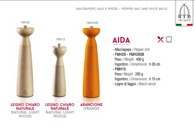 Ⓜ️🔵🔵🔵 Tre Spade Aida 15 FMH15 - Macinino Macinapepe prodotto artigianalmente in Italia, 15 cm, legno di faggio certificato PEFC, color legno chiaro naturale, macine garantite 25 anni