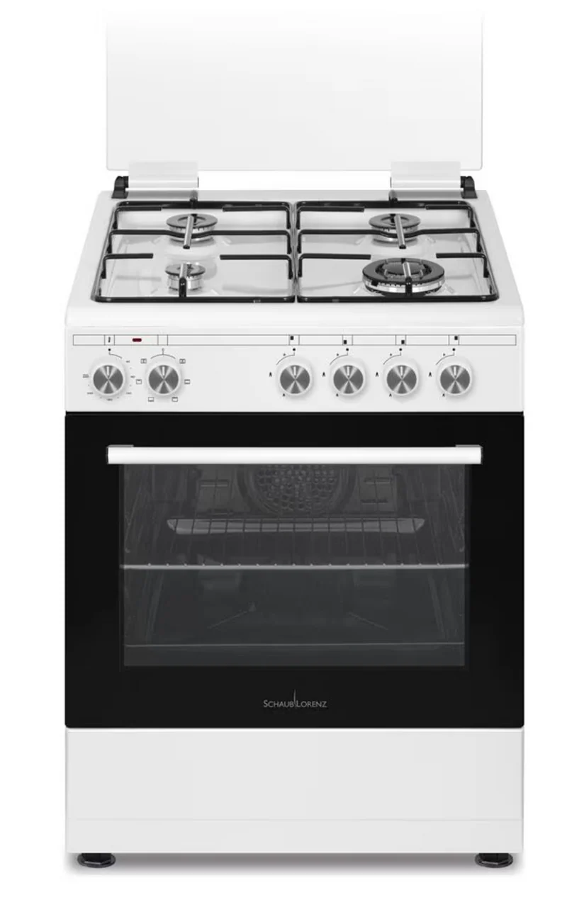 Ⓜ️🔵🔵🔵 SCHAUB LORENZ SS461EW - Cucina BIANCA 4 fuochi gas di cui uno tripla corona, sicur gas, 60x60cm, forno elettrico multifunzione ventilato, coperchio vetro, classe A