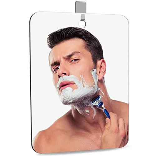 DFLLLO Specchio da barba per doccia, da viaggio, per doccia, da campeggio, per bambini, piccolo specchio senza cornice, 28 cm x 19 cm, con 1 gancio adesivo