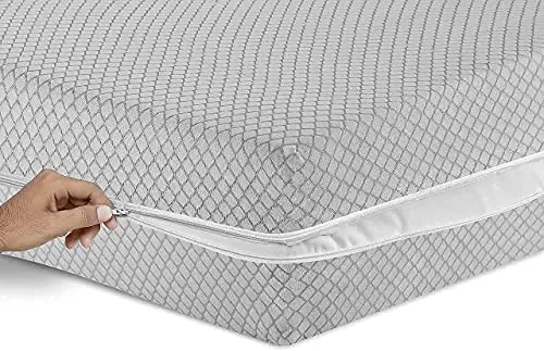Coprimaterasso in 100% policotone, copertura totale con cerniera, per letto singolo, matrimoniale, king e super king, con cerniera, anti insetti, facile da pulire (MATRIMONIALE, GRIGIO CHIARO)