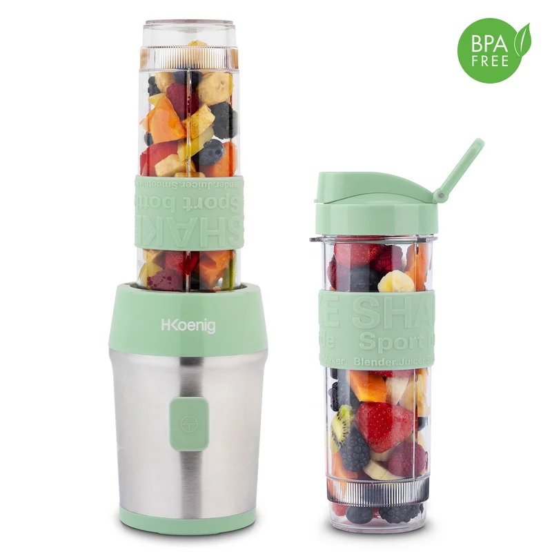 Ⓜ️🔵🔵🔵 H.Koenig SMOO18 - [📦🚨Spedizione immediata!🚚💨] MINI FRULLATORE SENZA BPA verde/acciaio, con 2 borracce in dotazione, COMPATIBILE CON LA LAVASTOVIGLIE, perfetto per integratori proteici e vitaminici