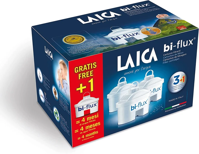 Cartuccia filtro acqua LAICA Bi-Flux - Preserva i sali minerali riducendo cloro e metalli pesanti - Riduce la durezza dell'acqua del rubinetto - Filtro per caraffe acqua, confezione da 4