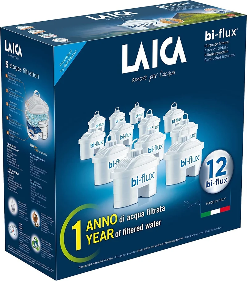 Cartuccia filtrante per acqua LAICA Bi-Flux – Preserva i sali minerali riducendo cloro e metalli pesanti – Riduce la durezza dell'acqua del rubinetto – Filtro per brocche d'acqua, confezione da 12