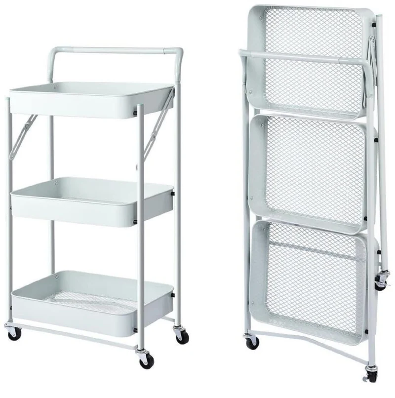 Carrello Cucina Pieghevole Multiuso con Manico 3 Ripiani Cestelli 4 Ruote girevoli e Freno Integrato in Metallo Trolley Salvaspazio da Servizio Bianco