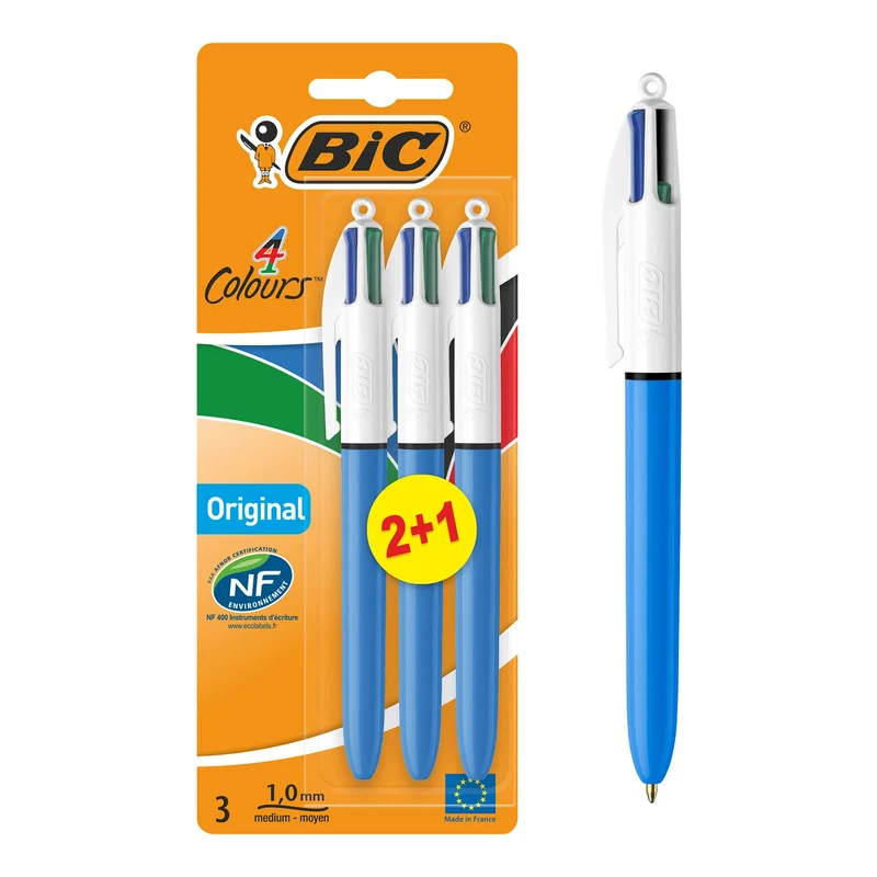 BIC 4Colori Original, Penne a Sfera a Scatto, Colorate, Punta Media (1 mm), Cancelleria Scuola e Ufficio, Set Penne 2+1 Unità