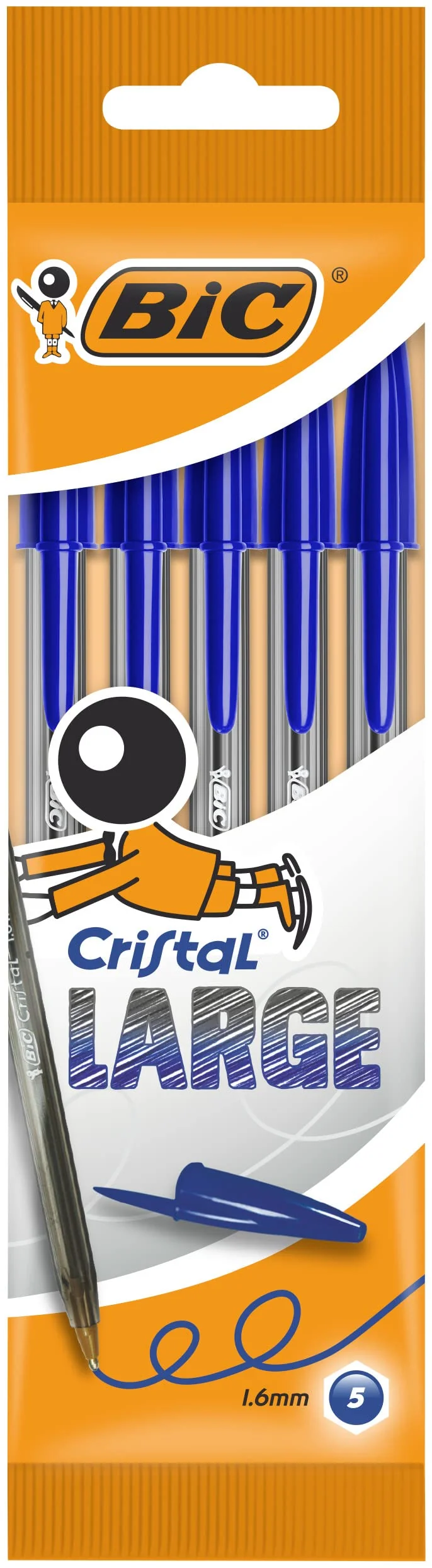BIC Penne Blu a Sfera, Cristal Large, Punta Larga (1,6 mm), Confezione da 5