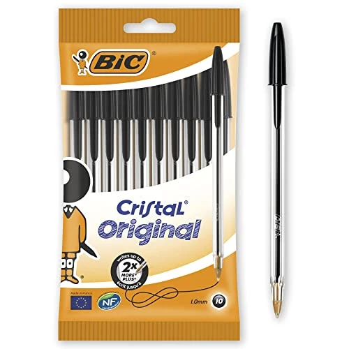 BIC Penne Nere a Sfera, Cristal Original, Punta Media, 1 mm, Confezione 10 Penne, Fornitura per Cancelleria Scuola e Ufficio