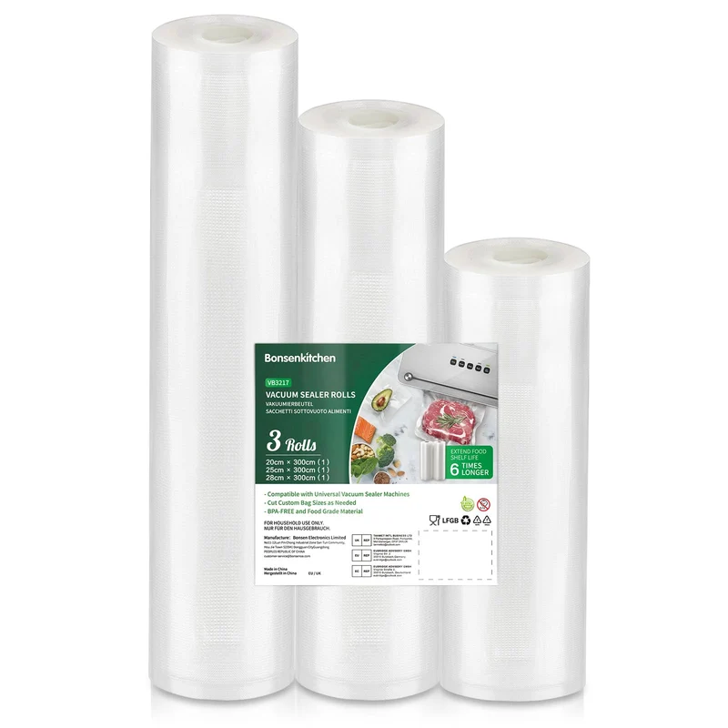 Bonsenkitchen Sacchetti Sottovuoto per Alimenti, 3 Rotoli di Sacchetti Sottovuoto da 20|25|28x300 cm, per Macchine Sottovuoto e Cottura Sous Vide, Senza BPA
