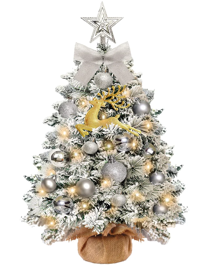 Mini Albero di Natale Artificiale Piccolo,60 cm Albero di Natale Piccolo con Luci con 23 Decorazioni Natalizie Fai da Te,Albero di Natale con Adatto per Natale e Capodanno﻿ (floccaggio)