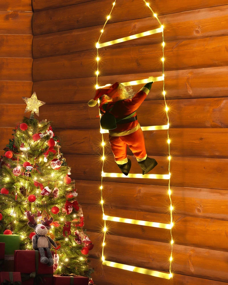 Geemoo 0.75M Luci Decorazioni 98 LED Scala Babbo Natale, Addobbi 8 modalità, Funzione Timer e Memoria, Luci Natalizie per Finestra Esterno ed Interno Bianco Caldo