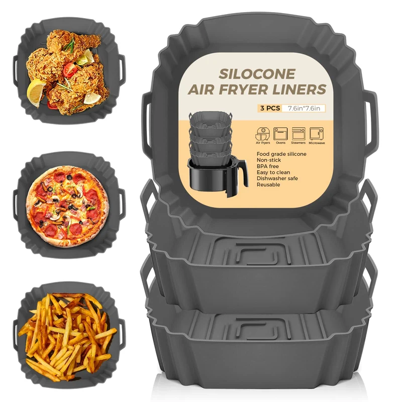 3 Pezzi Accessori per Friggitrice ad Aria, Teglia in Silicone, Cestello per Air Fryer Liners Applicabile Ninja Foodi Max Cosori Moulinex Tefal