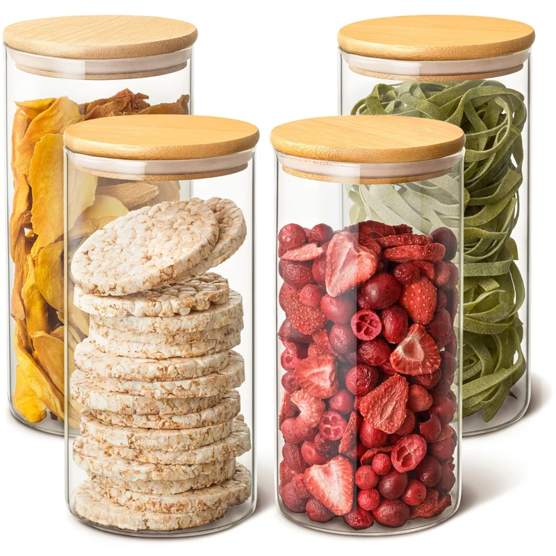 4 Barattoli di Cucina in Vetro con Coperchio in Bambù - Lavabili in Lavastoviglie - 1200ml Contenitore Pasta Grande