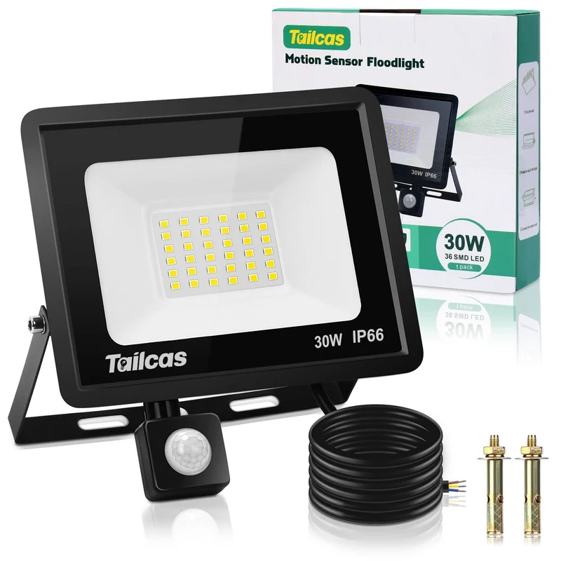 Tailcas 30W Faretto Led da Esterno con Sensore di Movimento, IP66 Impermeabile Faro Led Esterno 2700LM, 36 Leds 6500K Bianca Fredda -Luce a Led da Interno ed Esterno per Garage Cortile Giardino