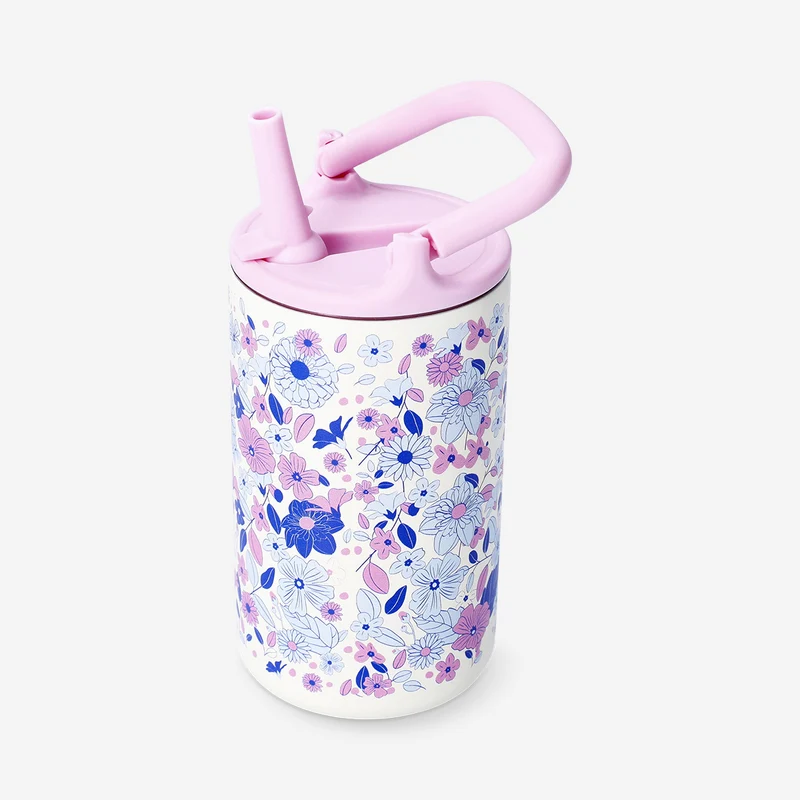 Pink floral drinking bottle with straw - 400 ml