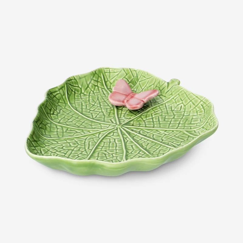 Green leaf plate with butterfly - 20 cm