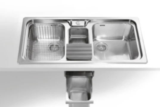 Ⓜ️🔵🔵🔵👌 Alpes F 599/ 2V1B-E - Lavello da incasso 51x99 cm, con due vasche raggio 60, vaschetta centrale con bacinella estraibile, raccolta rifiuti dal top con contenitore inox e coperchio in legno. Predisposto con foro per la rubinetteria