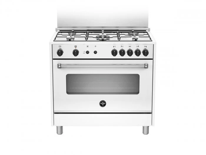 Ⓜ️🔵🔵🔵 LA GERMANIA AMN965GBV/24 - Cucina, Piano di Lavoro in Acciaio Inox, 5 Fuochi Gas, Forno Gas Ventilato, 90x60 cm, Bianco, Serie Americana, Nuova classe A+