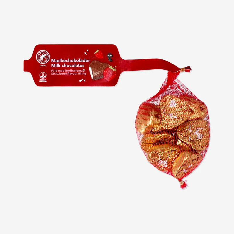 Milk chocolate hearts in net with strawberry filling