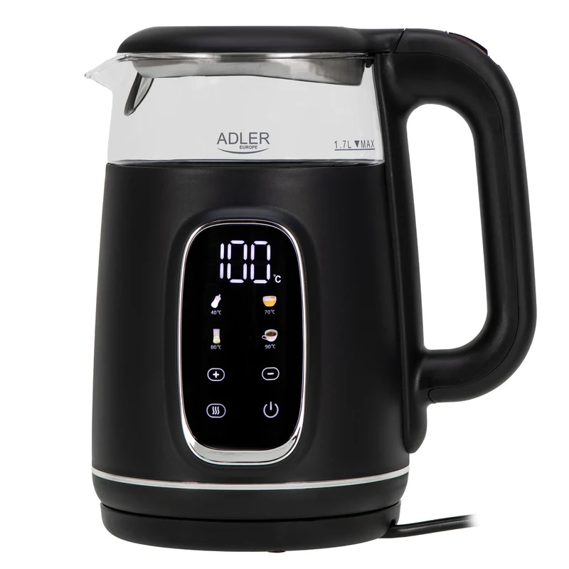 Bollitore elettrico in vetro 1,7L Adler, Nero e argento, Controllo della temperatura, Display LED, AD 1305 bs