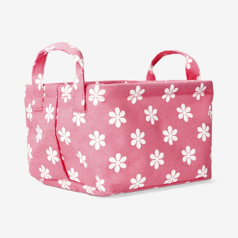 Pink floral textile storage basket - 18 cm