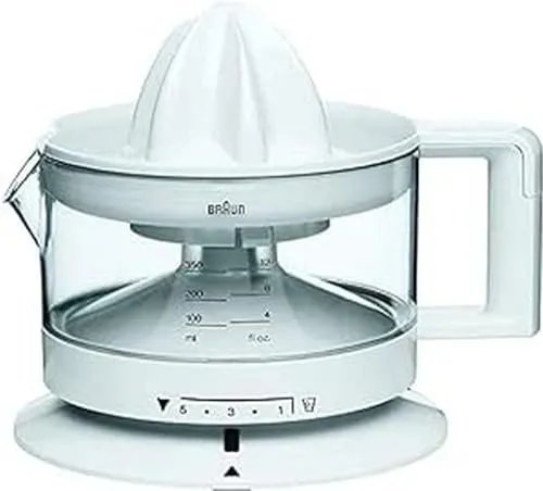 Braun CJ3000 Spremiagrumi, rotazione a destra e sinistra, avvio e arresto automatici, base antiscivolo, vano portacavo, capacità caraffa 350ml con misuratore graduato, pratico beccuccio, Bianco