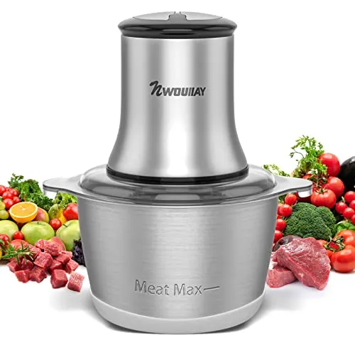 Tritacarne Elettrico In Acciaio Inox 600W 2L Rimovibile 2 Livelli di Velocità Protezione dal Surriscaldamento con 4 Lame Ciotola e Pad in Plastica per Carne Verdura e Frutta