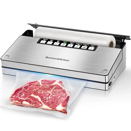 Bonsenkitchen Macchina Sottovuoto Alimenti, Sottovuoto per Alimenti in Acciaio Inossidabile con 6 Modalità, Taglierina Integrata e Contenitore per Sacchetti, con Kit di Avviamento