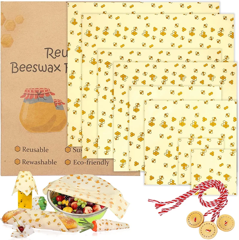 BEYAOBN 8PCS Involucri di Cera d'api,Beeswax Wraps, sostenibile, zero rifiuti, Impacchi di Cotone Biologico e stoccaggio Alimenti Variety Pack Formaggi, Frutta, Verdure