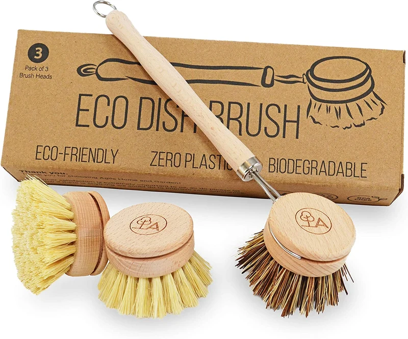 Spazzola Piatti Eco-friendly - Spazzola per Piatti e Set di Spugne - Con 3 Testine Intercambiabili e Spugna per la Puliza della Casa, Spazzola Lavapiatti, Agile Home & Garden