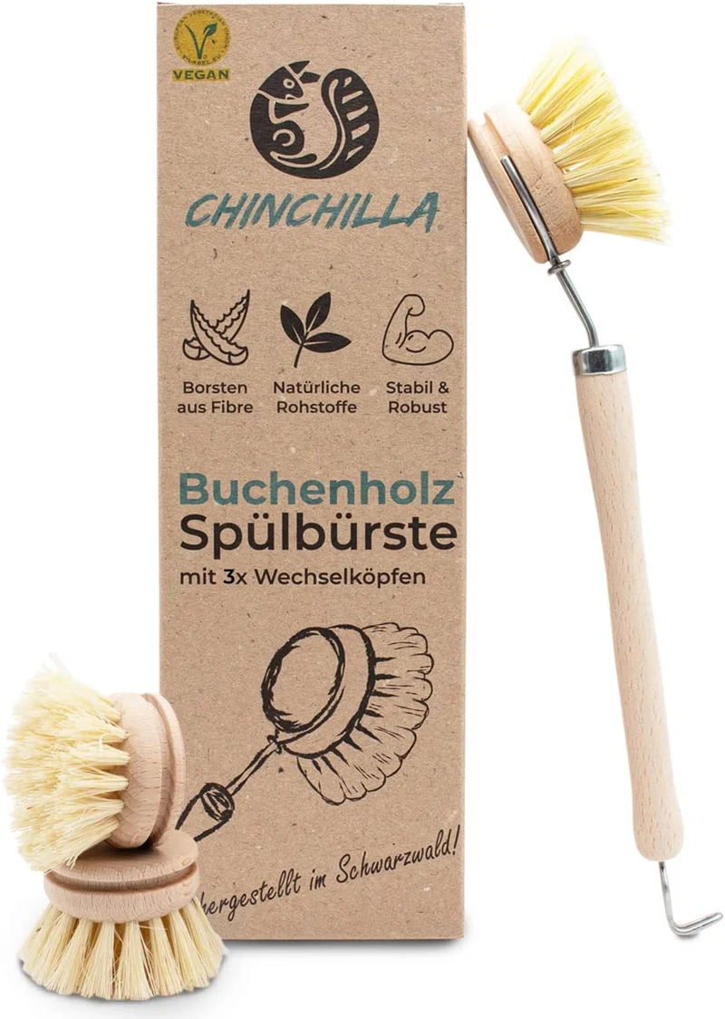 Chinchilla® Sink Brush in legno di faggio | spazzola da cucina sostenibile con setole in fibra naturale | incl. tre teste intercambiabili | senza plastica e resistente