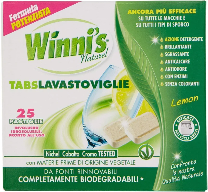 Winni's - Pastiglie per Lavastoviglie, 25 Tabs, Detersivo Multiazione Detergente, Sgrassante, Antiodore e Brillantante, Fragranza di Limone, con Materie Prime di Origine Vegetale