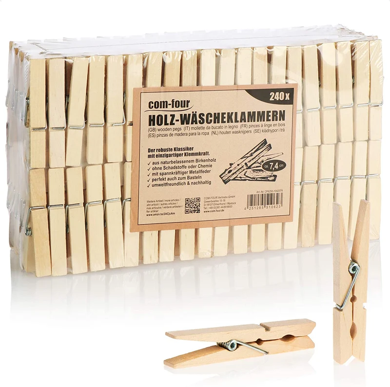 com-four® 300x mollette in Legno - mollette Legno sostenibili in Legno di Betulla - mollette in Legno Non trattato per bucato e Artigianato (300 Pezzi - Legno di Betulla)