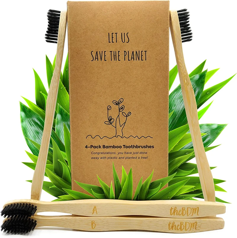 TheBDM Spazzolini da denti in bamboo naturale ecologico biodegradabile antimuffa - setole in carbone vegetale, senza BPA, vegan, confezione sostenibile (Setole Medie)