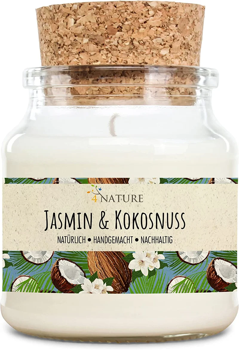 4 Nature - Candela profumata sostenibile, priva di plastica, vegana, fatta a mano – gelsomino e cocco