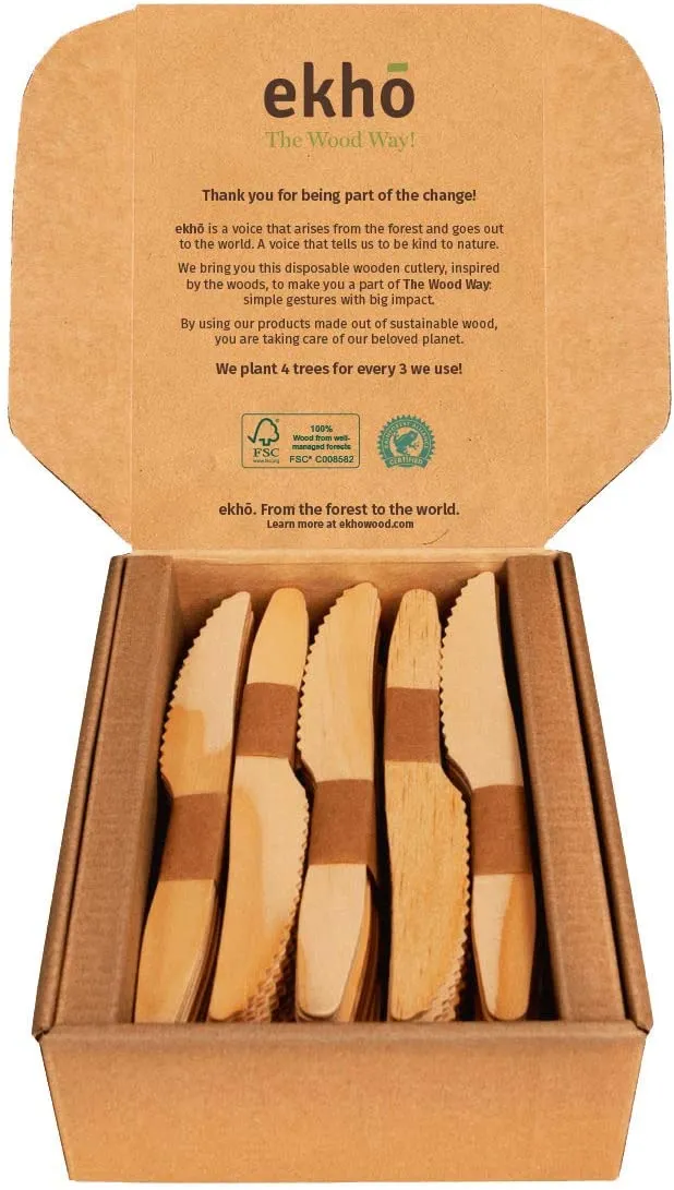 ekhõ The Wood Way! – Set da 100 Posate in Legno Monouso Sostenibile | 40 Forchette + 40 Cucchiai + 20 Coltelli | Posate da Campeggio Barbecue o Festa Ecologico Biodegradabili e Compostabile