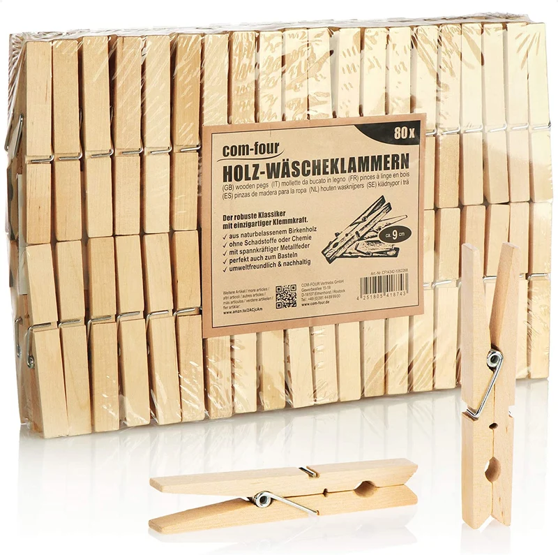 com-four® 80x Mollette XL in Legno - Mollette Sostenibili in Legno di Betulla - Mollette in Legno non Trattato per Stendere il Bucato, circa 9 cm (080 pezzi - betulla - XL)