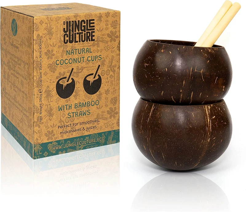 Jungle Culture® Ciotole in Vero Guscio di Cocco per Cocktail • Coppe di Cocco e Cannucce di Bambù • Coppe in Legno Naturale • Ciotole a Zero Rifiuti • Ciotole per Feste • Idee Regalo Sostenibili
