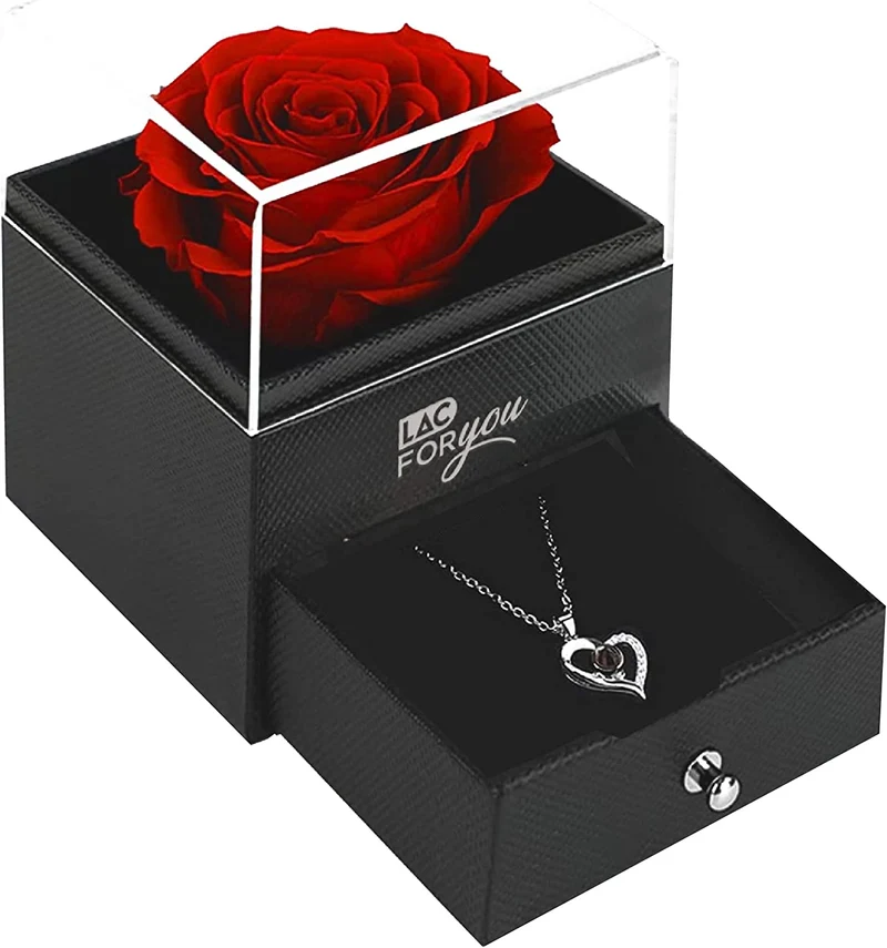 LAC Rosa Stabilizzata Vera con Collana | Rose Stabilizzate Idee Regalo Mamma Idee Regalo Donna Compleanno | Rosa Eterna Vera Idea Regalo Donna Originale | Rosa Perenne Regali Per Lei Fidanzata