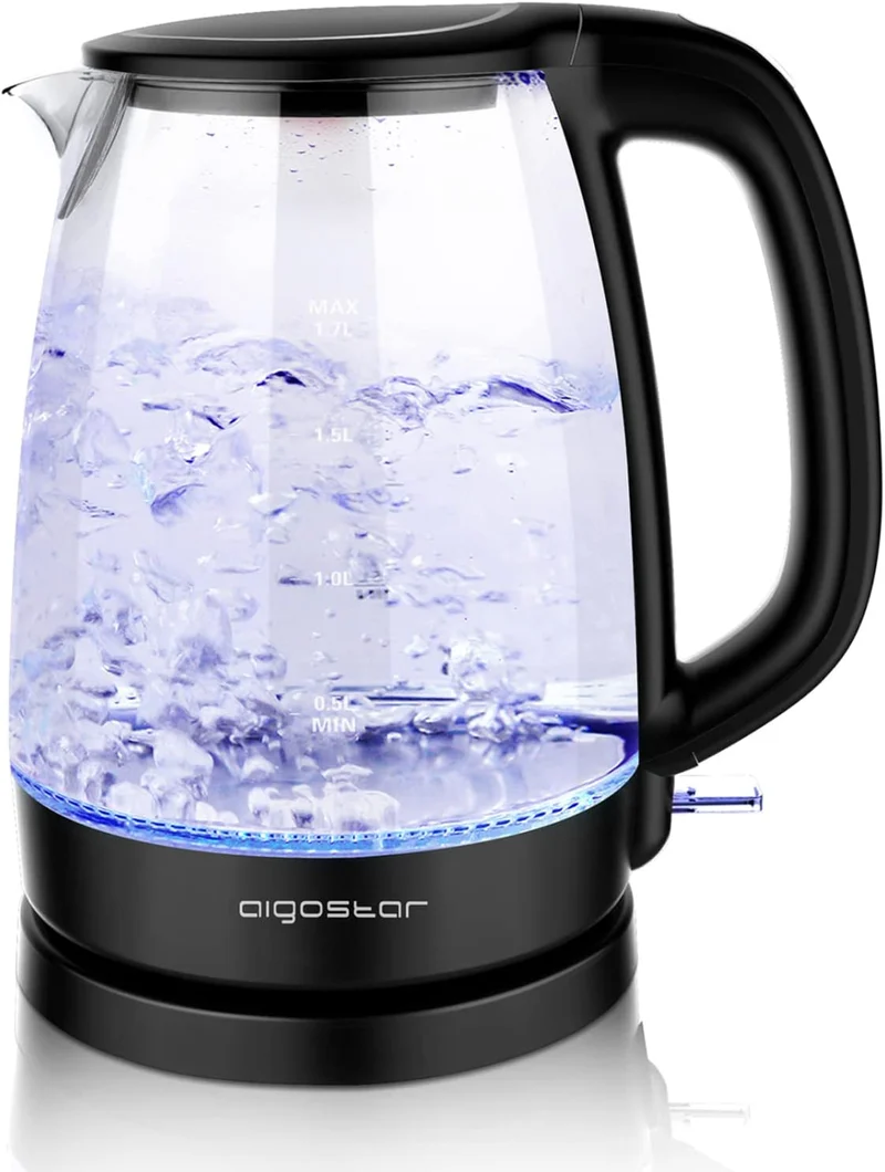 Aigostar Adam - Bollitore Acqua Elettrico in Vetro Borosilicato con LED, 1,7 litri, 2200W, Spegnimento Automatico, Filtro Anticalcare, Base di rotazione a 360° in Acciaio Inox, Teiera Senza BPA Nero